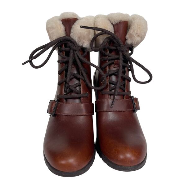 UGG Women’s Janney Brown Leather Waterproof Wedge Boot size 7 - Picture 5 of 10